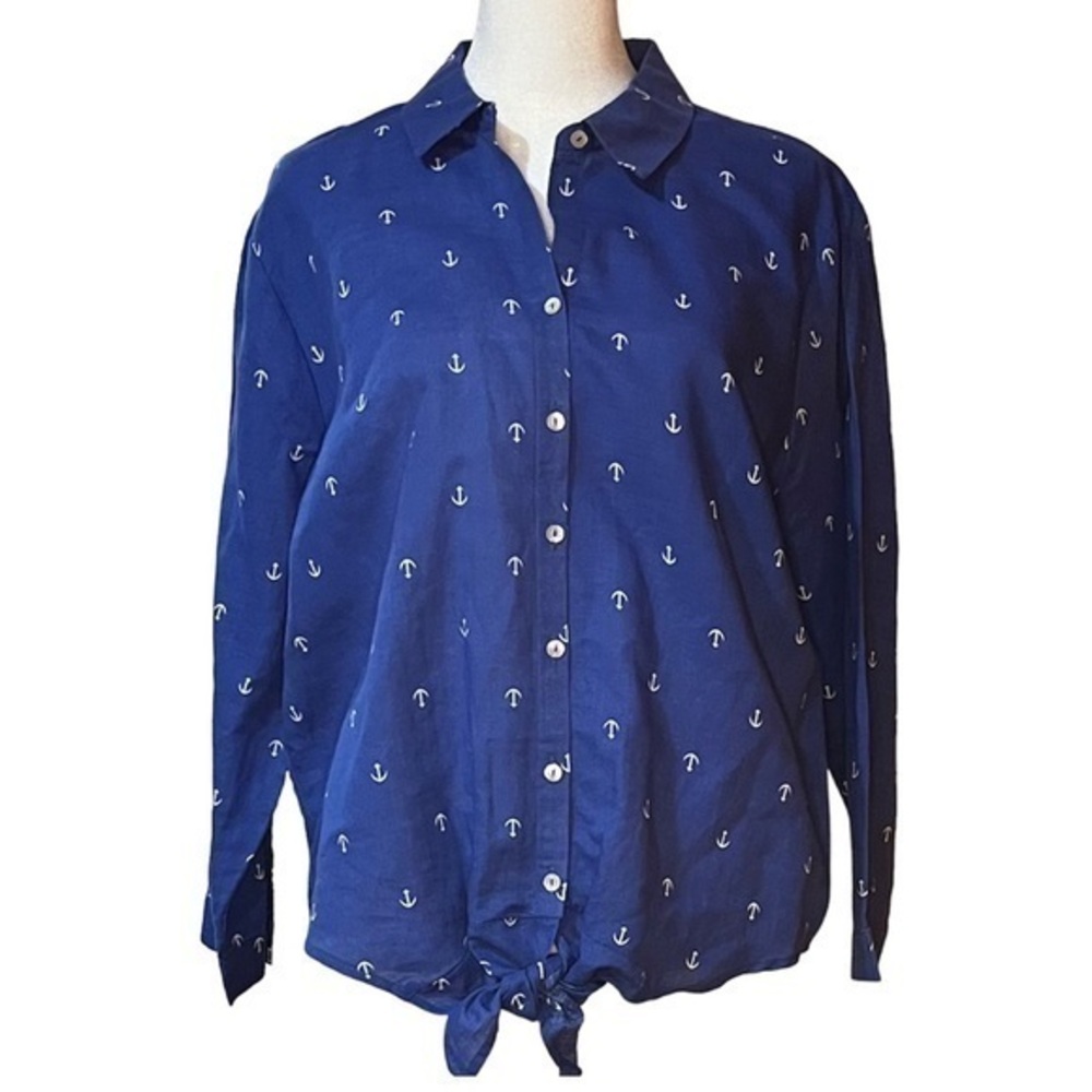 Linen and cotton nautical blue tie bottom blouse